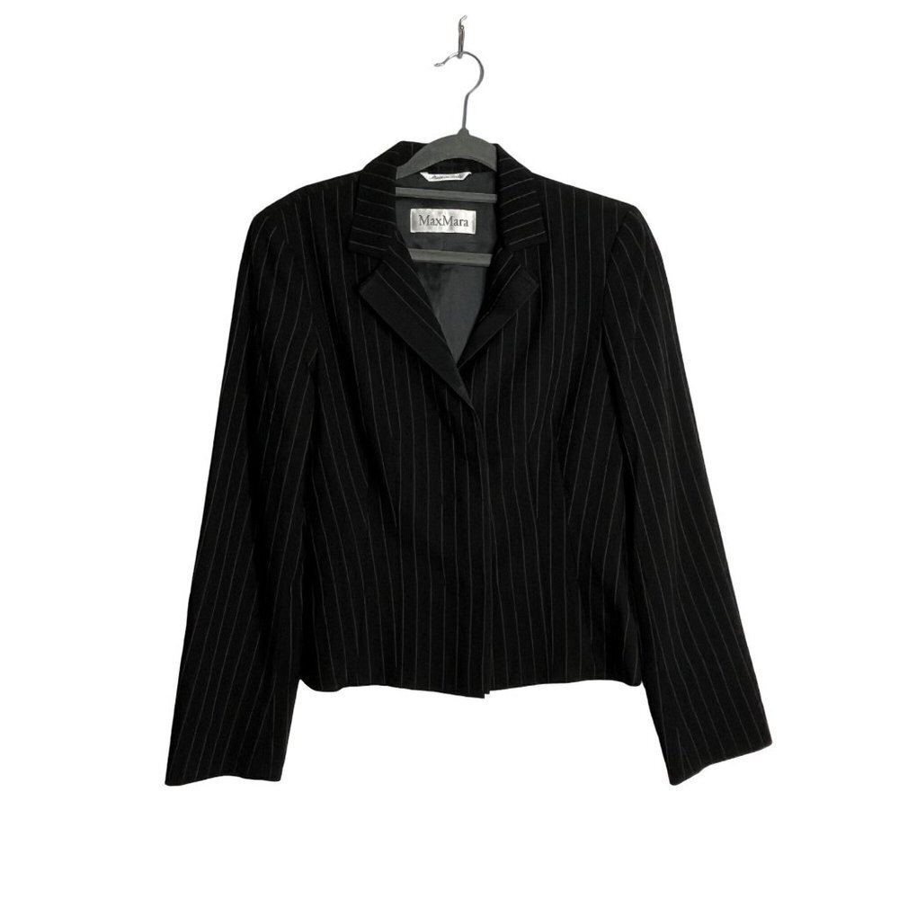 Max Mara Pin Stripe Blazer Hidden Snap Button‎ Front Closure Black White Size 4
